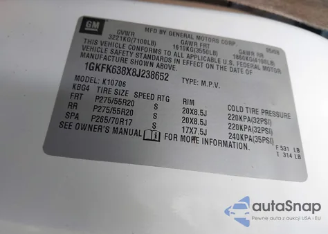 2008 GMC Yukon Denali z USA, uszkodzony, nr VIN 1GKFK638X8J238652